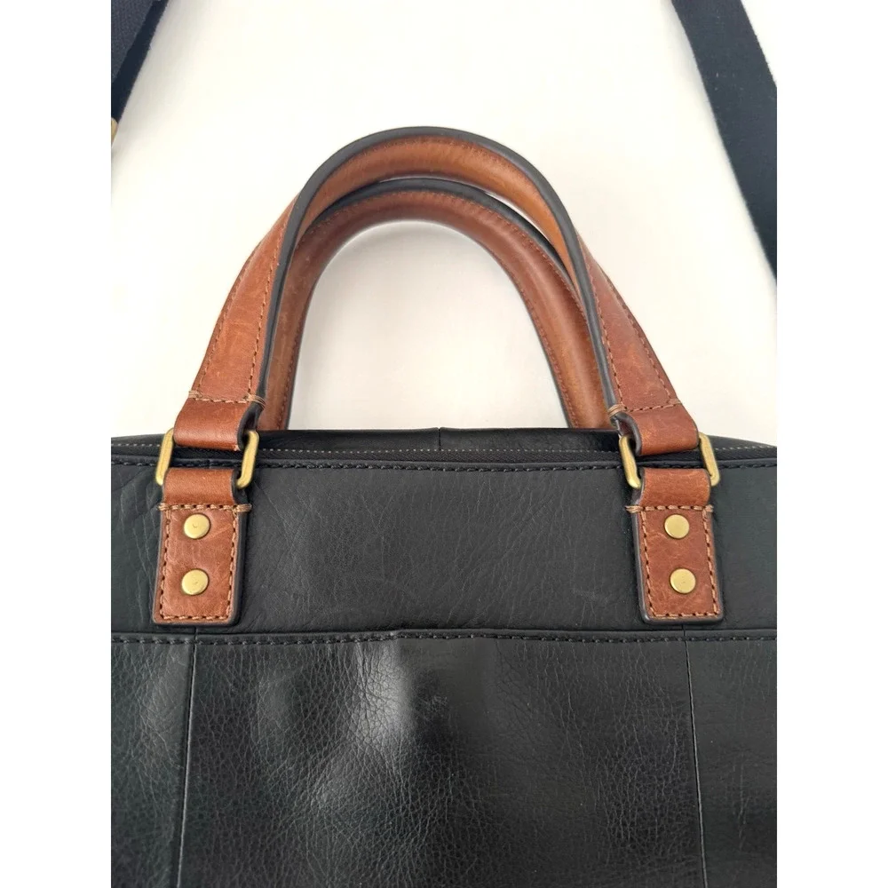 Fossil Defender Briefcase Black Leather Top Handles Crossbody Strap Double Zip